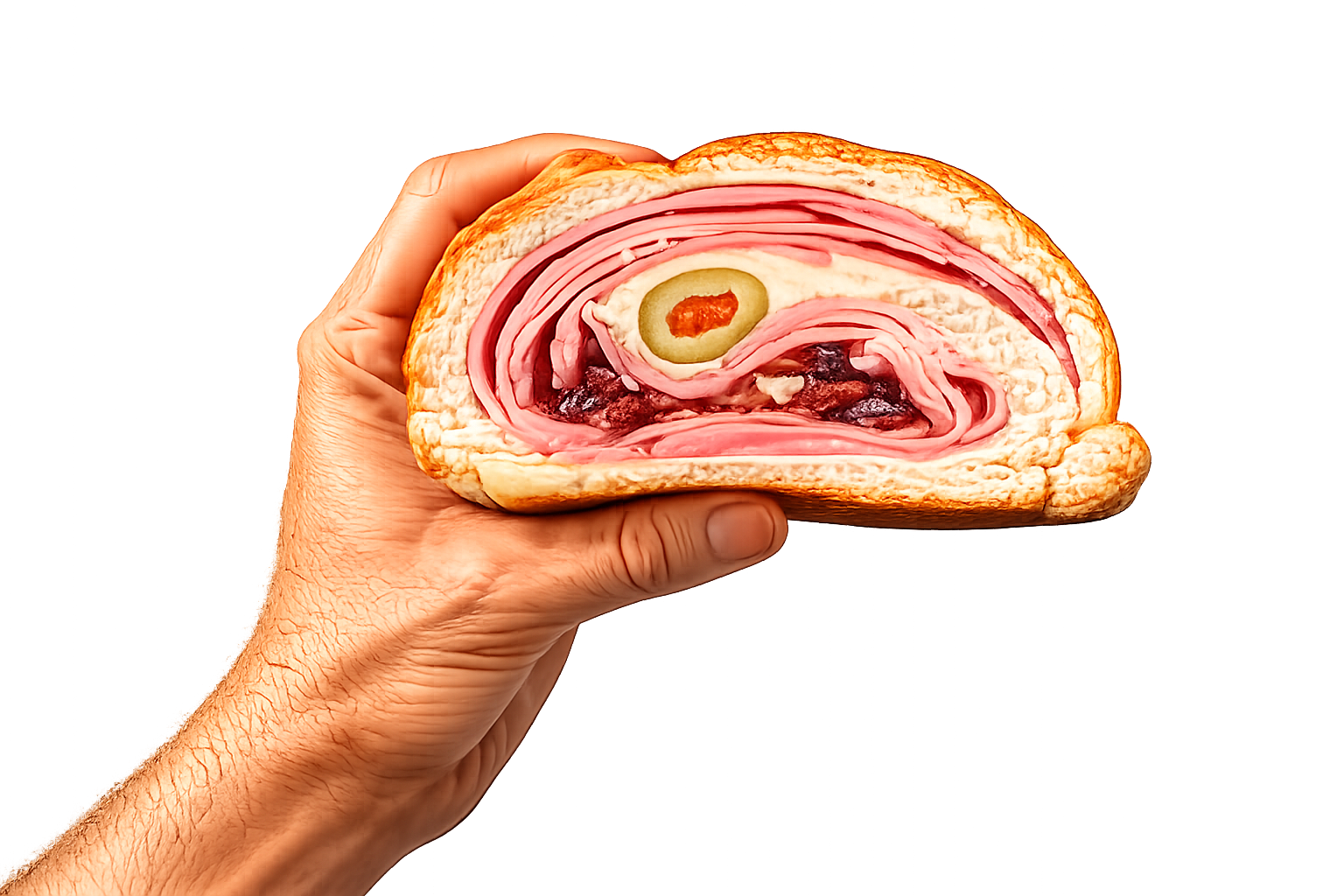 Una mano sostiene una rebanada de pan de jamón